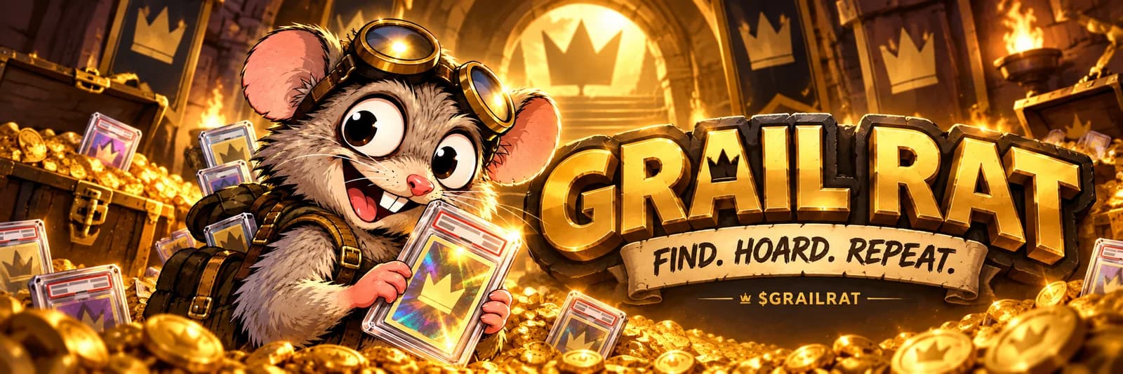 Official Grail Rat artwork: the goggled rat holding graded crown cards inside a golden treasure vault beside the GRAIL RAT logo and FIND. HOARD. REPEAT. banner