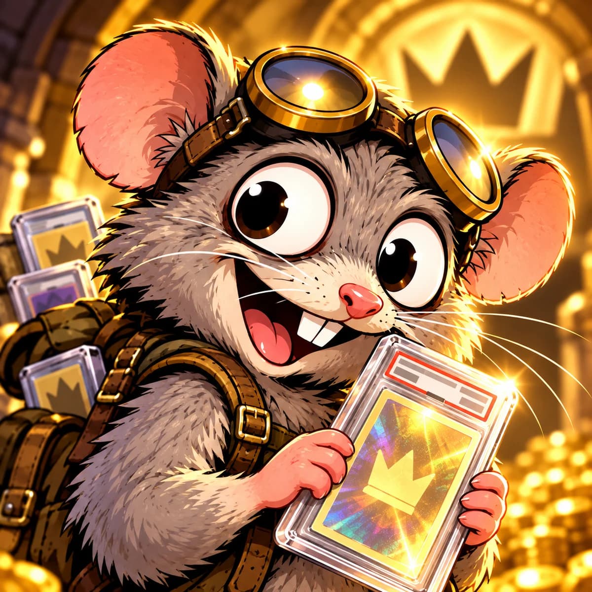 Grail Rat — a scruffy gray rat with explorer goggles holding a gold crown collectible card inside a golden treasure vault
